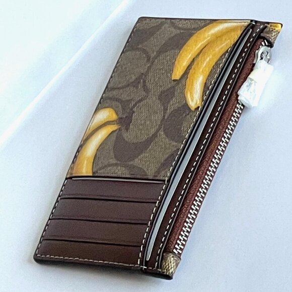 Coach Zip Card Case CR410 Signature Canvas Banana Print Leather Brown Wallet - Picture 6 of 7